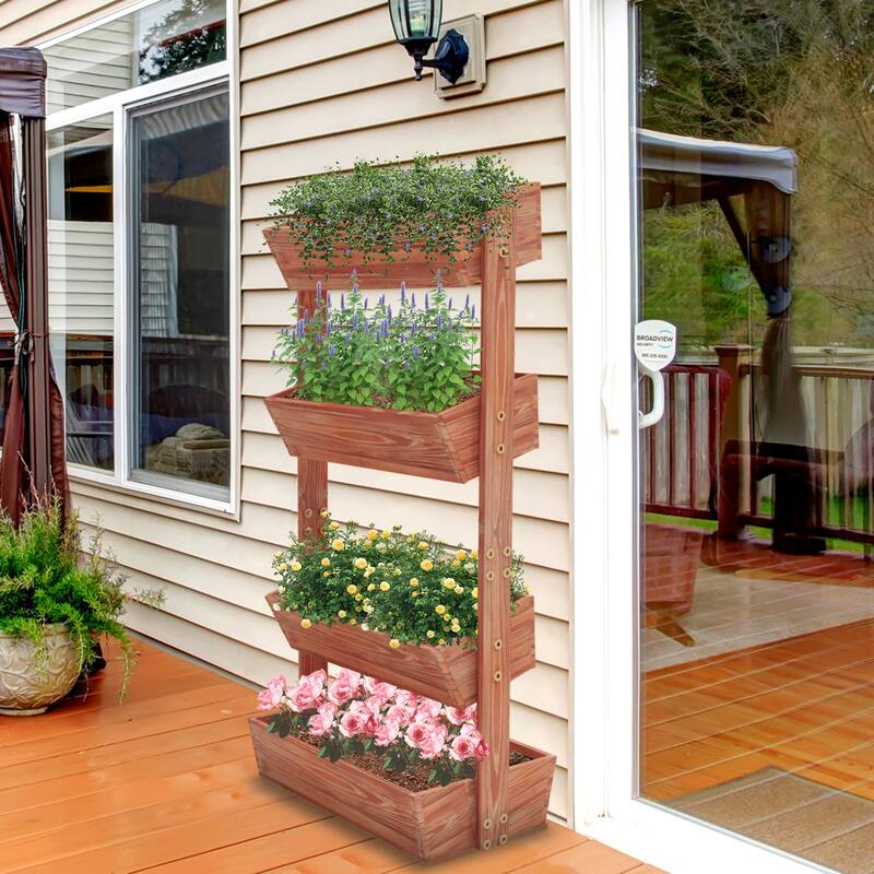 4-tier Wooden Vertical Ladder Raised Vegetable Planter Box Elevated Garden Bed - 25.6" W x 55.5" H