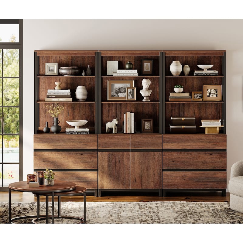 WAMPAT 3-Piece Modern 72" Tall Bookcase with 6 Drawers and Adjustable Shelves - Brown