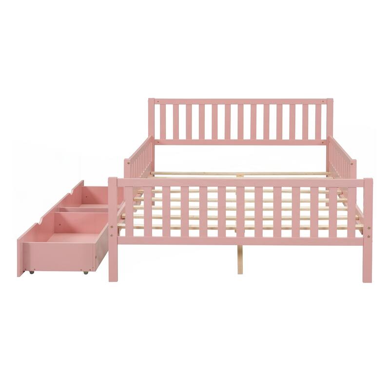 Full Size Wood Platform Bed with Guardrails on Both Sides