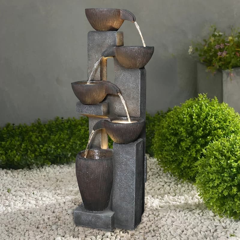 5-Tier Outdoor Water Fountain w/LED Lights Garden Waterfall for Home