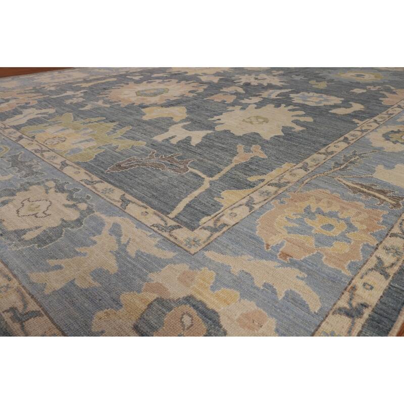 Vegetable Dye Oushak Turkish Area Rug Hand-Knotted Blue Wool Carpet - 9'2"x 11'9"