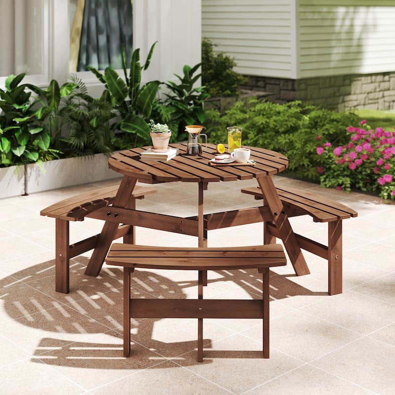 Costway 6-Person Round Picnic Table Set with 3 Built-in Benches 2" - See Details - Brown