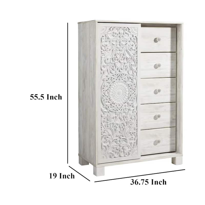 Paxy Tall Dresser Chest, 5 Drawers, Carved Sliding Door, Whitewash