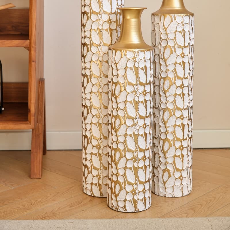 Set of 3 White & Gold Leaf Metal Floor Vases - Graduated Heights for Modern Home Decor