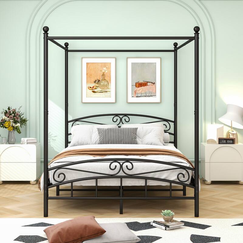 Full/Queen Size Metal/Wood Vintage style Canopy Bed Frame Platform Bed Frame