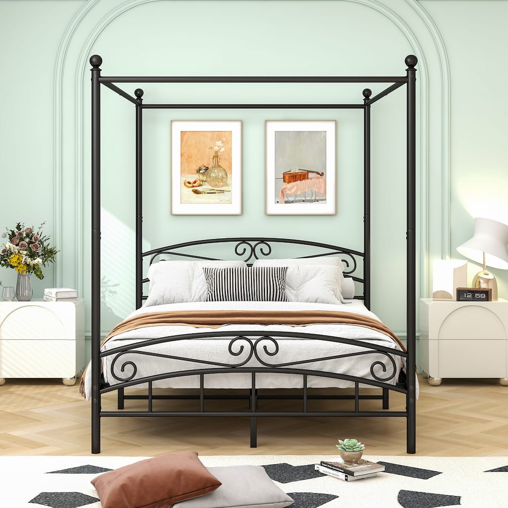 Queen Size Metal Canopy Bed Frame with Headboard and Footboard Black