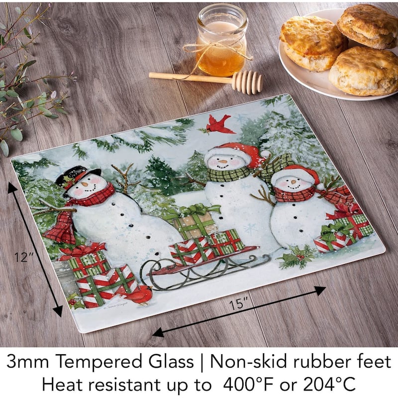 CounterArt Snowman's Farmhouse 3mm Heat Tolerant Tempered Glass Cutting Board 15" x 12" Made in the USA Dishwasher Safe