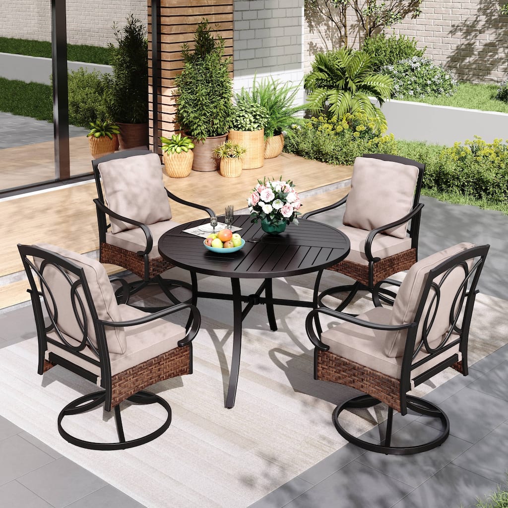 5 Piece Patio Dining Set with 4 Swivel Rattan Chairs and 1 Metal Frame Table - N/A