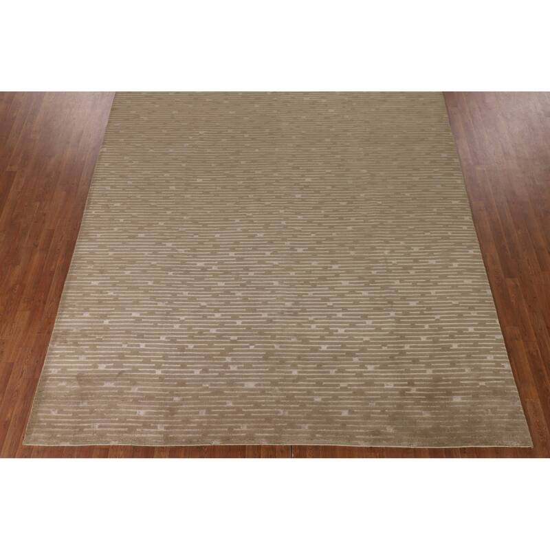 All-Over Striped Nepalese Area Rug Hand-Knotted Wool Carpet - 9'2" x 11'8"