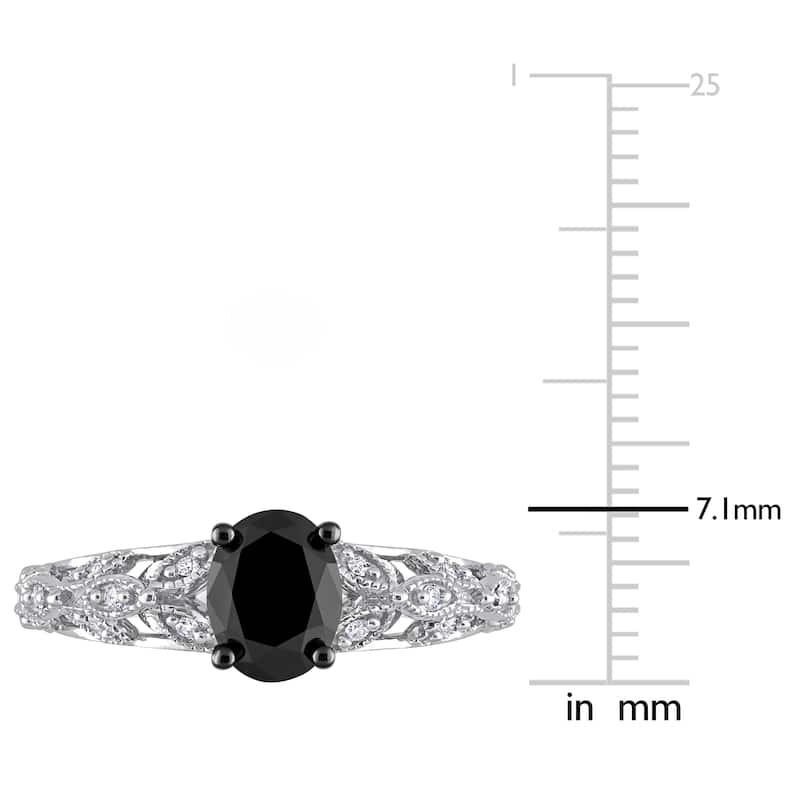 Miadora 1ct TDW Oval-cut Black and White Diamond Vintage Leaf Engagement Ring in 14k White Gold