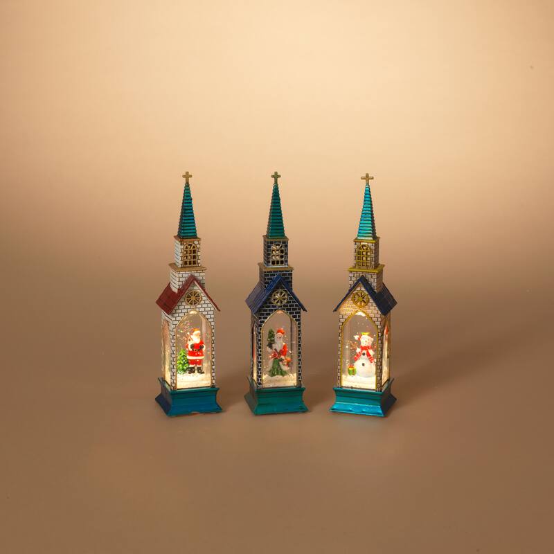 8.74 Inches Battery Operated Lighted Holiday Water Globe Churches Set of 3