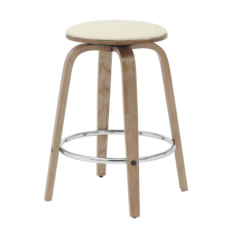Leather Counter Stool Swivel Round Seat Poplar Wood Frame Iron Foot Rest