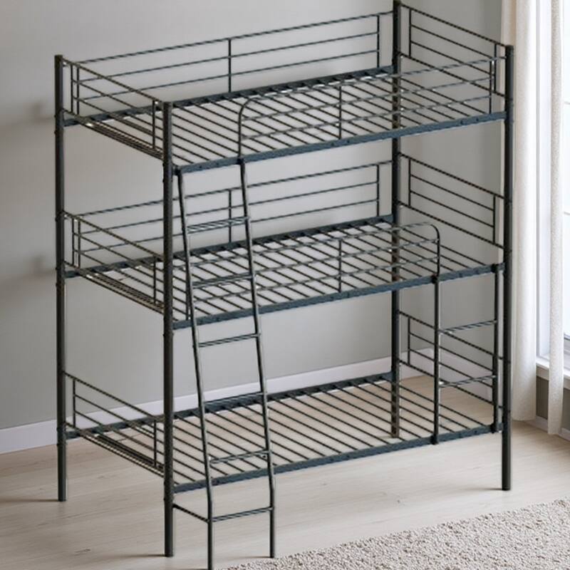 Triple Twin Metal Bunk Bed with Guardrails and Ladders, Convertible Design, Detachable into Three Separate Beds - Black