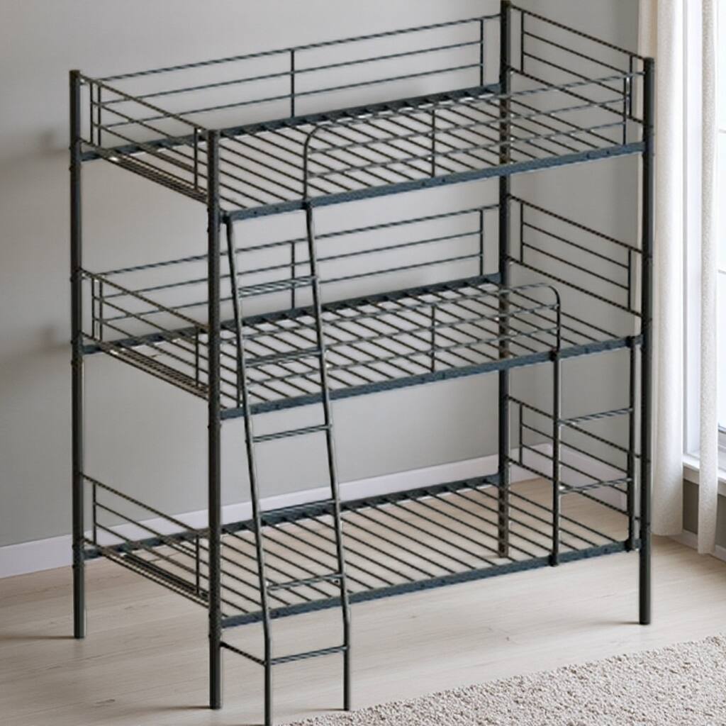 Triple Twin Metal Bunk Bed with Guardrails and Ladders, Convertible Design, Detachable into Three Separate Beds