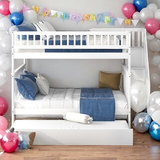 Unique Full over Full Bunk Bed with Trundle and Staircase,3 beds in 1 Bunk Bed,Easy Assembly,White