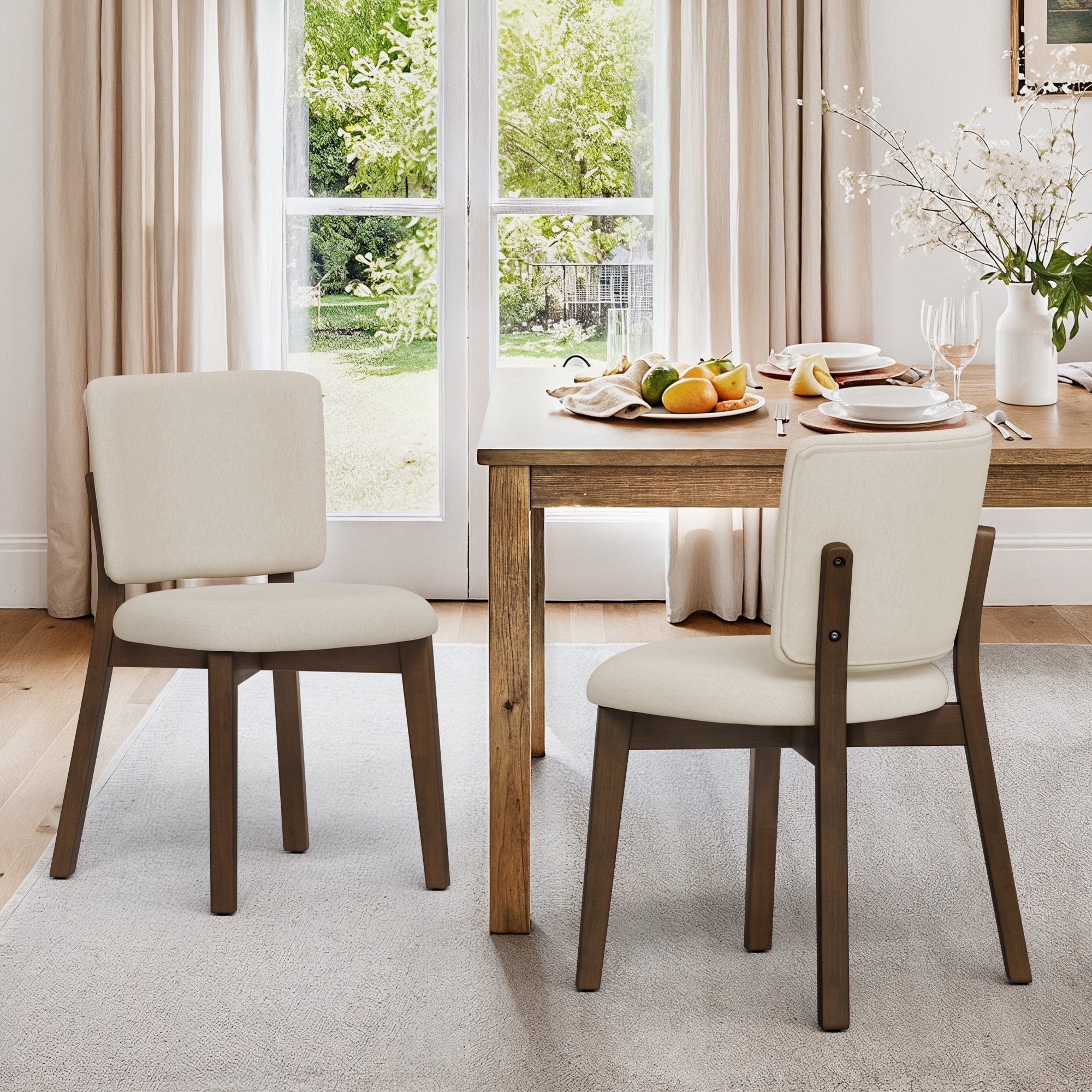 Fabric Upholstered Dining Chairs Set of 2/4 with Wooden Legs, Modern Kitchen Dining Chairs with Back, Walnut Flaxen