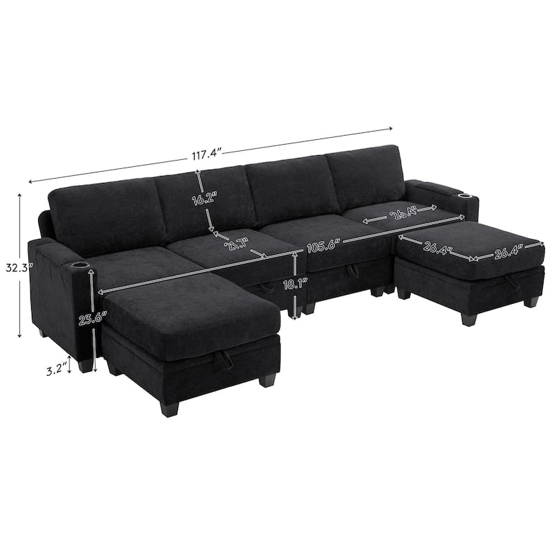 U-shaped Chenille Sectional Modular Sofa with 2 Ottomans & Storage Inside