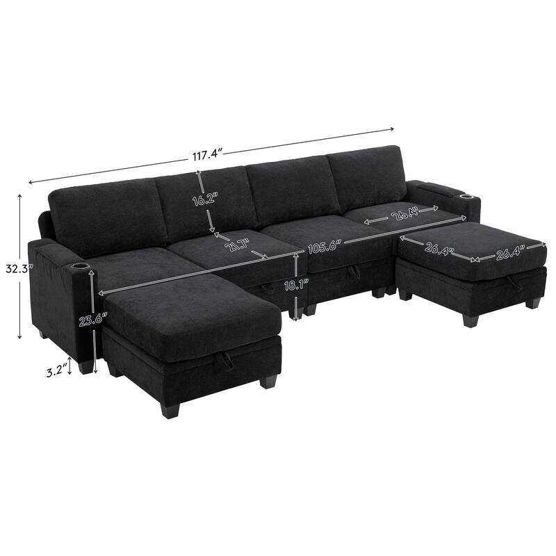Chenille Sectional Sofa, Hidden Storage & Modular Design