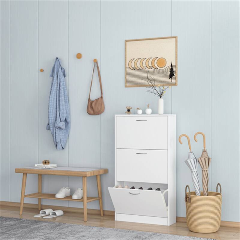White Narrow 3 Tier Flip Down Shoe Storage Cabinet