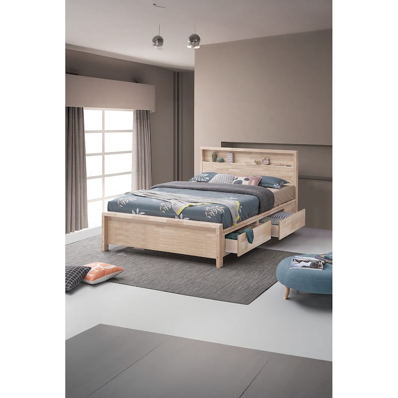 Transitional Style 1pc White Wash Finish Drawers Bed Bookshelf Headboard