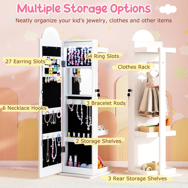 Gymax 3 In 1 Kids Jewelry Cabinet w/3-Color Lighted Full Length Mirror