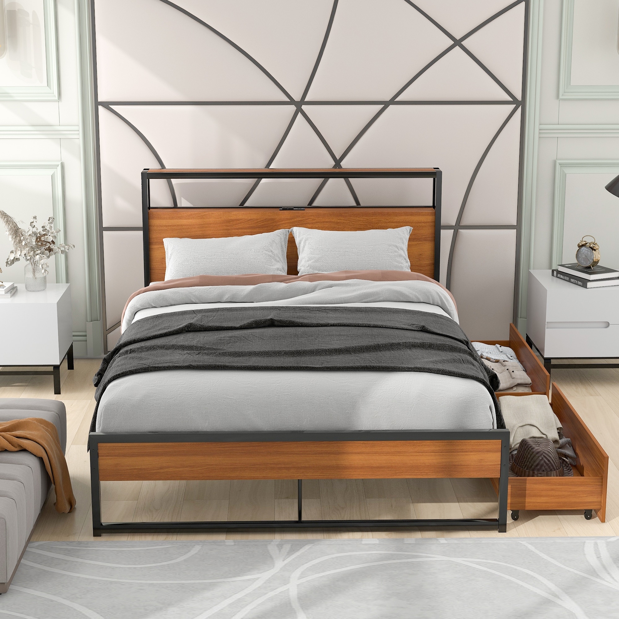 Suzanne metal and wood platform bed deals frame with headboard shelf and usb port