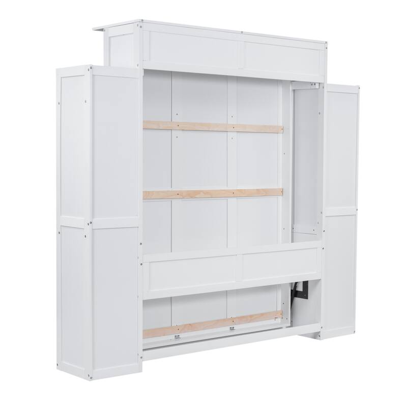 Wooden Wall Murphy Bed with Side Bookshelf & LED Lights