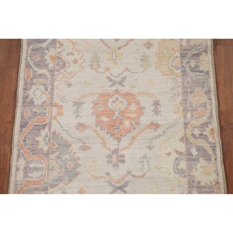Hand Knotted Oriental 100% Wool Carpet Transitional All-Over Beige & Ivories Oushak Runner Rug - 9' 8'' X 2' 11''