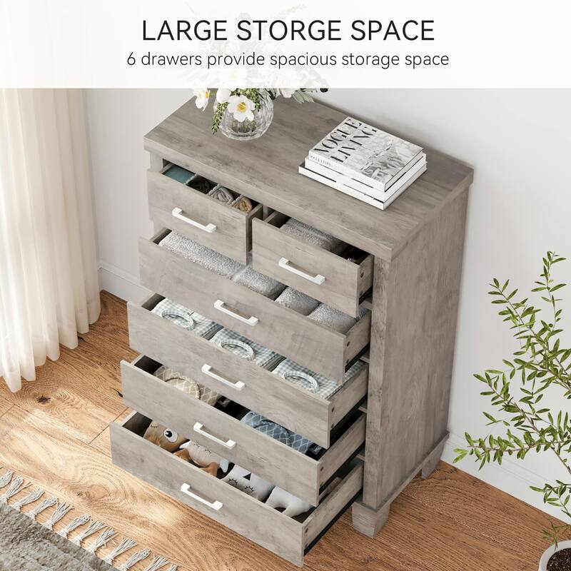 Dresser for Bedroom with 6 Drawers, 45" Tall White Chests of Drawers with Storage, Large Drawer Dresser for Closet