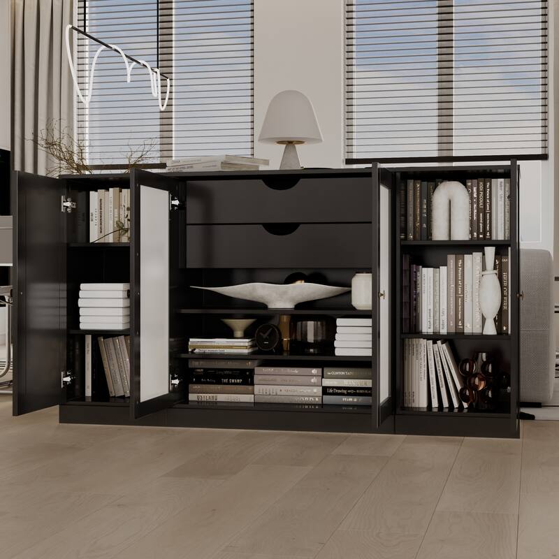 Palace Imports 100% Solid Wood 65" Sideboard with Solid, Frosted Glass Doors, 2-Drawers and Adjustable Shelves - Black