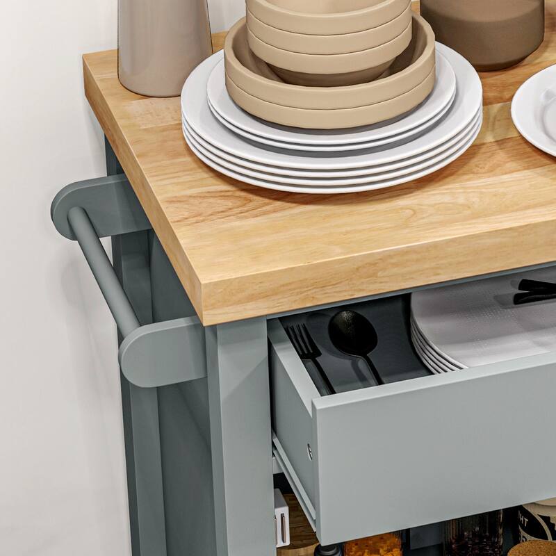 Utility Kitchen cart, Rolling Kitchen Island with Smooth Rubberwood Top, Narrow Butcher Block Surface on Wheels - Gray