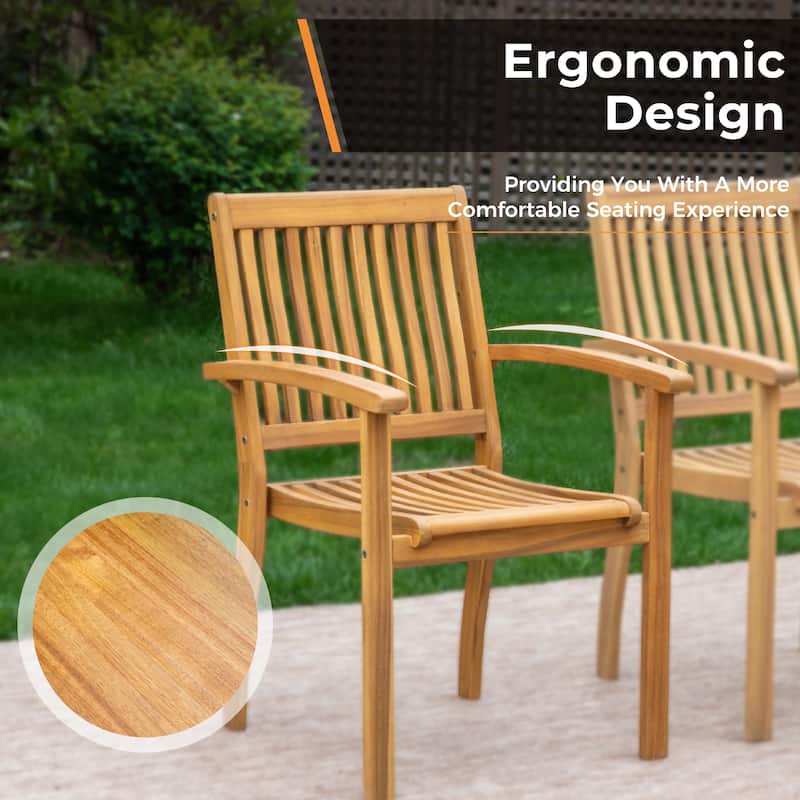 MAISON ARTS 2-Piece Patio Natural Solid Acacia Wood Dining Chairs, Patio Oil Finished Wooden Armchairs Set of 2