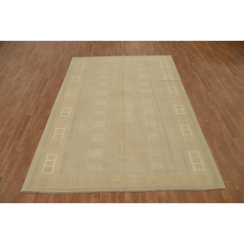 Hand Woven Oriental 100% Wool Carpet Southwestern Tribal Beige & Ivories Kilim Area Rug - 9' 10'' X 7' 0''
