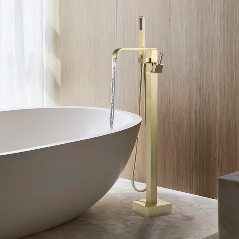 34.6"H Solid Brass Freestanding Waterfall Tub Filler with Handheld Shower - Gold