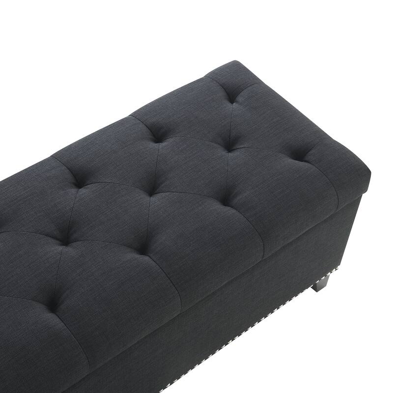 47.5" Storage Ottoman, Storage Bench with Safety Close Hinge, Linen Button-Tufted Ottoman for Living Room, Support 500lbs