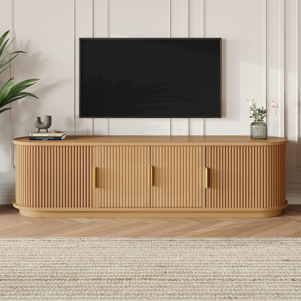 Wooden TV Stand with Sliding Tambour Door for TVs up to 75", Fluted TV Cabinet Media Console Table for Living Room