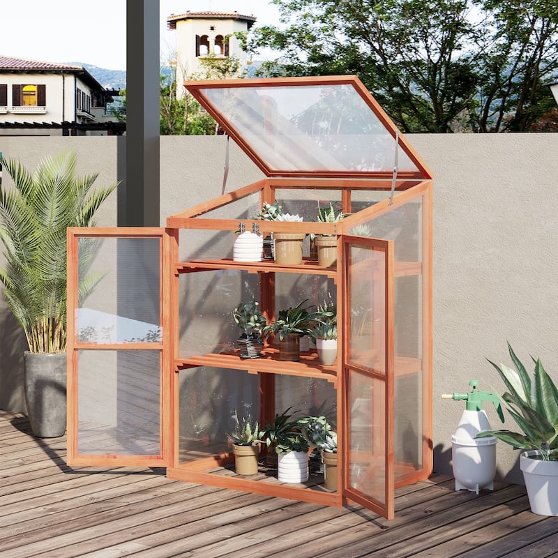 Wooden Greenhouse Shed Garden Plant Shed with Removable Shelves & Openable Roof, Double Lokable Doors, Twin-Wall Panels