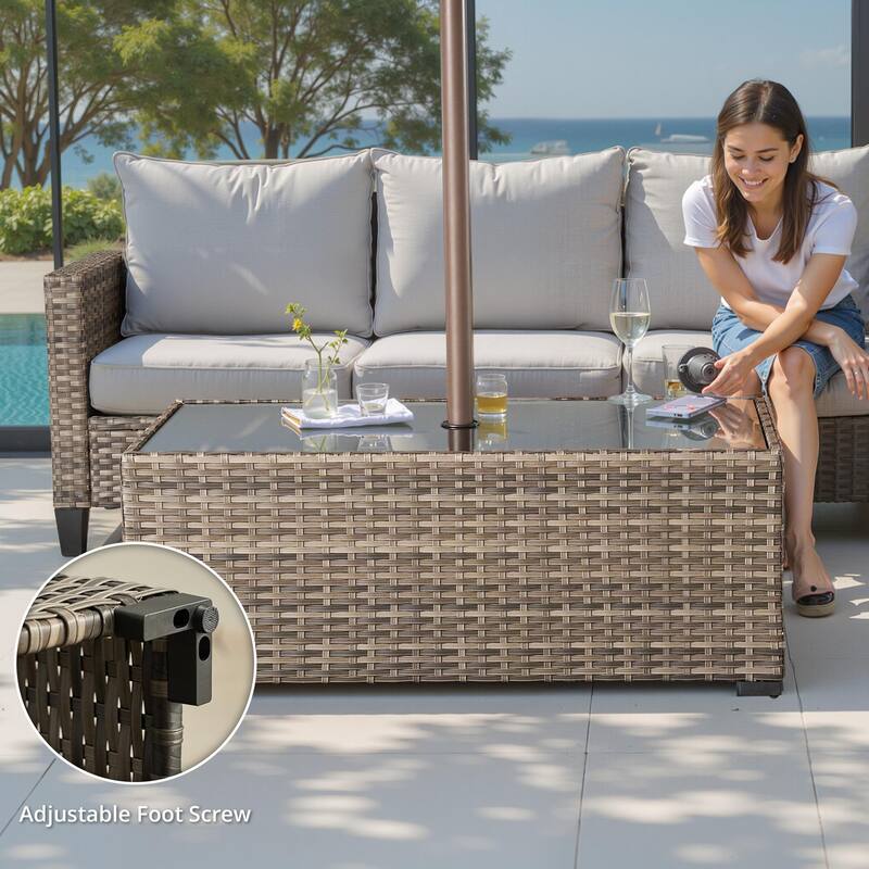 HOOOWOOO Wicker Rattan Patio Rectangle Coffee Table with Umbrella Hole