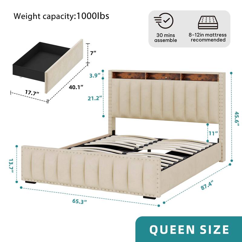 Full / Queen / King Size Platform Bed Frame with Upholstered Storage Headboard and 4 Drawers - Beige - Queen