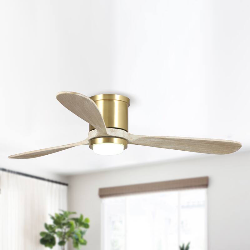 Modern Sand Gold Low Profile Flush Mount LED Ceiling Fan with Light and Remote - 52 Inches