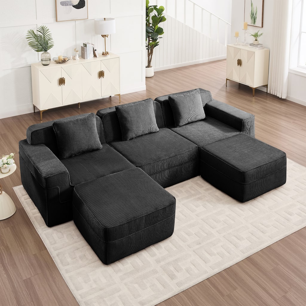 GDFStudio - Corduroy Modular 3-Seater 117.3" U-Shaped Boneless Cloud Sofa with 2 Ottomans