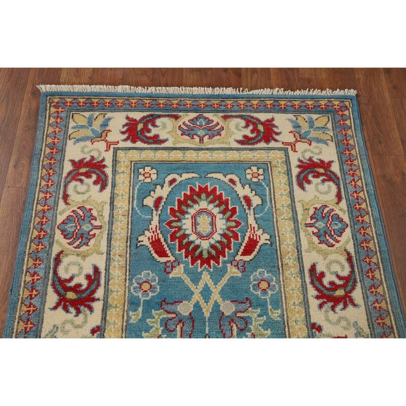 Blue Geometric Kazak Oriental Runner Rug Handmade Wool Carpet - 2'9" x 9'8"