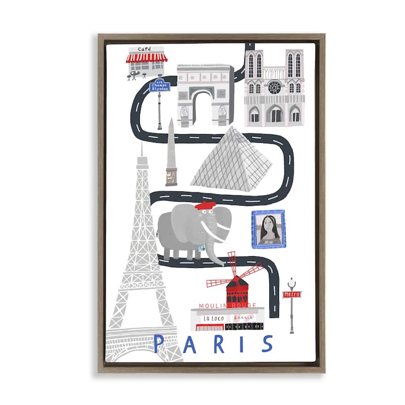Stupell Paris Whimsical Travel City Framed Floater Canvas Wall Art Design By Carla Daly - 21 x 31 - Brown