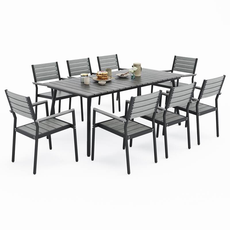 VredHom 7/9-Piece Outdoor Patio Dining Set with Stackable Chairs - Grey - with armrest - Set of 9