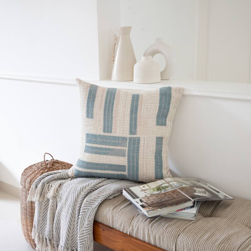Handwoven Striped Square Throw Pillow Cover - 20" - Beige and Blue