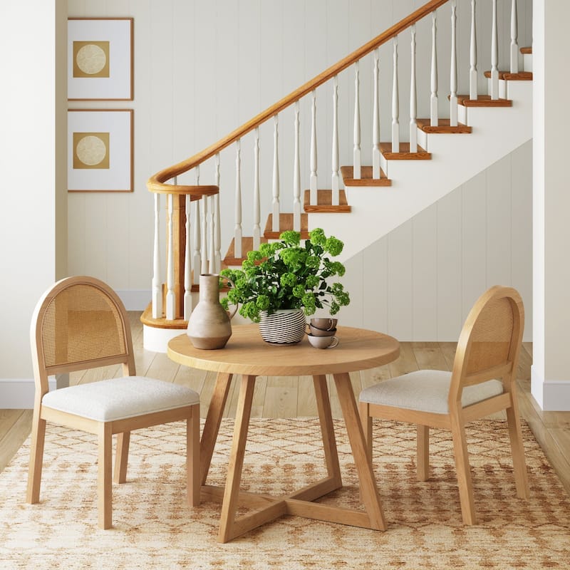 Bailey 19 in. Boucle Dining Chair, Upholstered Side Chair with Natural Woven Rattan Back and Solid Wood Legs