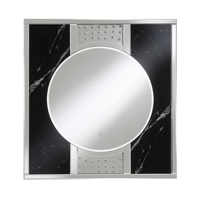 Wall Mirror with Marble Insert and LED Light, Black and Silver