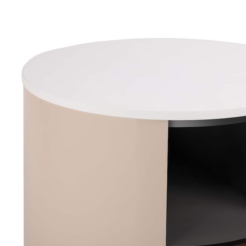 Round Nightstand with Drawer & Open Shelf, Nightstand with Leather Handle & Tapered Legs, Large Capacity Sofa Side Table