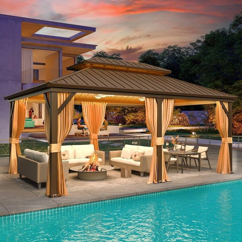 Erommy Hardtop Gazebo with Galvanized Steel Double Roof & Aluminum Frame, Outdoor Gazebo with Curtains and Nettings - 12' x 18'