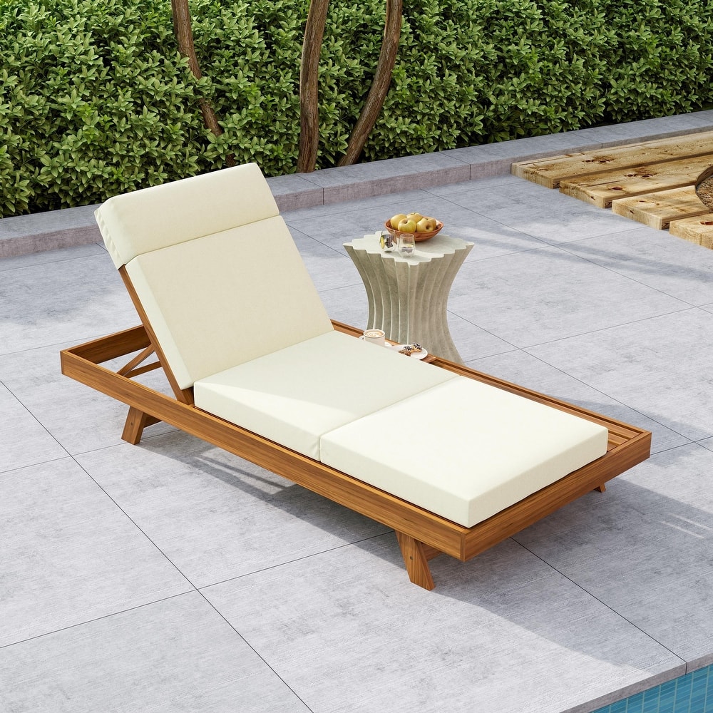 Outdoor Patio Acacia Wood Chaise Lounge Chair with Adjustable Backrest, Side Open Storage and Water-Repellent Cushions